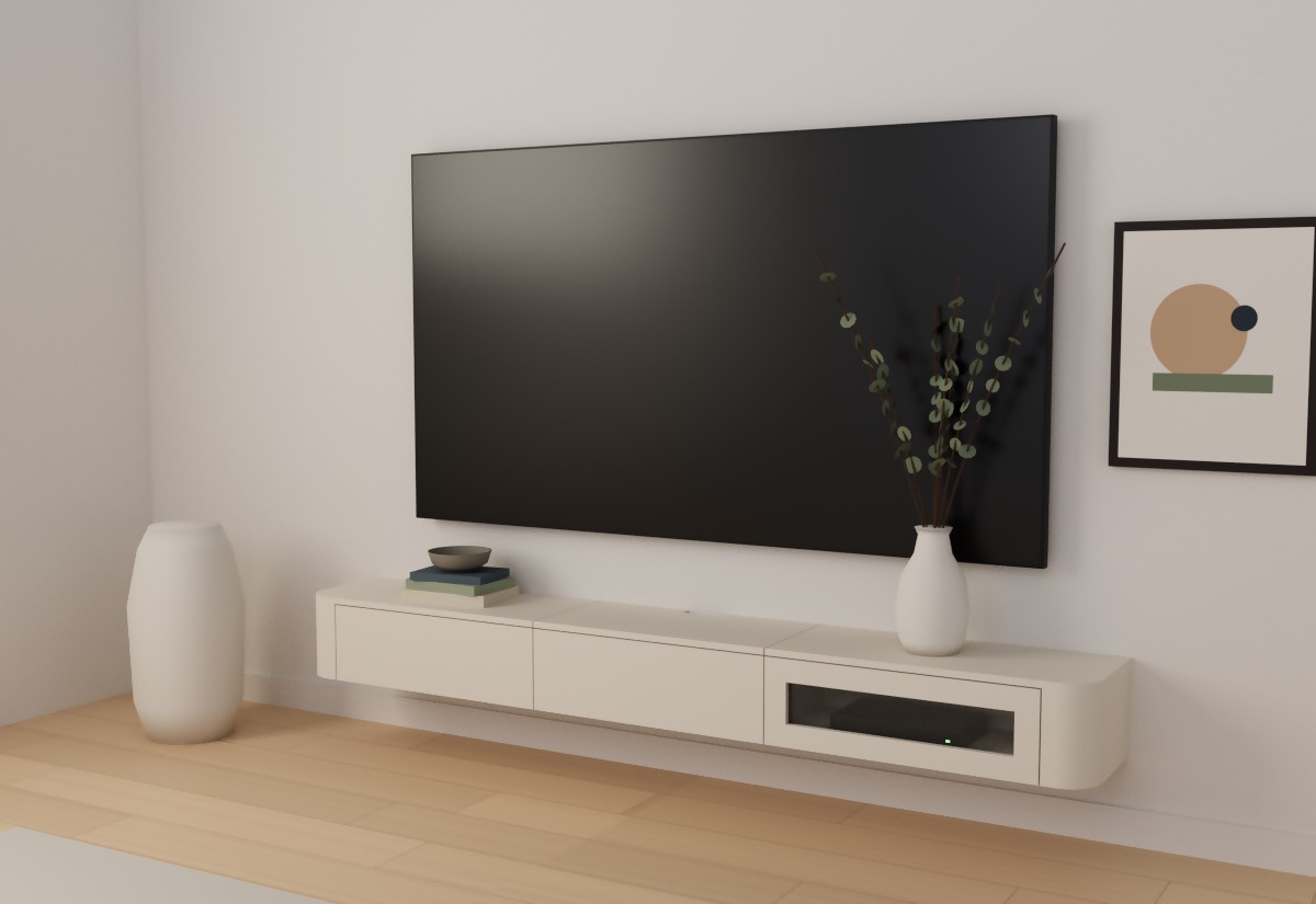Champagne floating TV console with curved corner side panels on both ends and a glass flip-down door on the right with a decoder inside