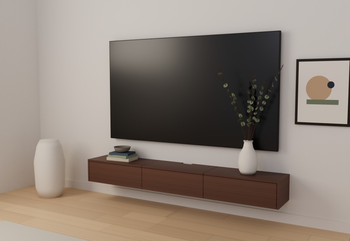 Floating TV console in Lotus M1422 Hera Walnut dark woodgrain