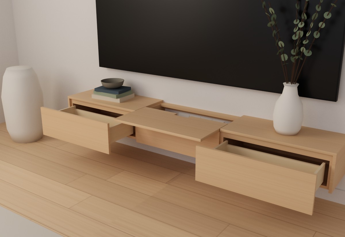 Floating TV console with both drawers open and the centre top slid forward to show four power sockets