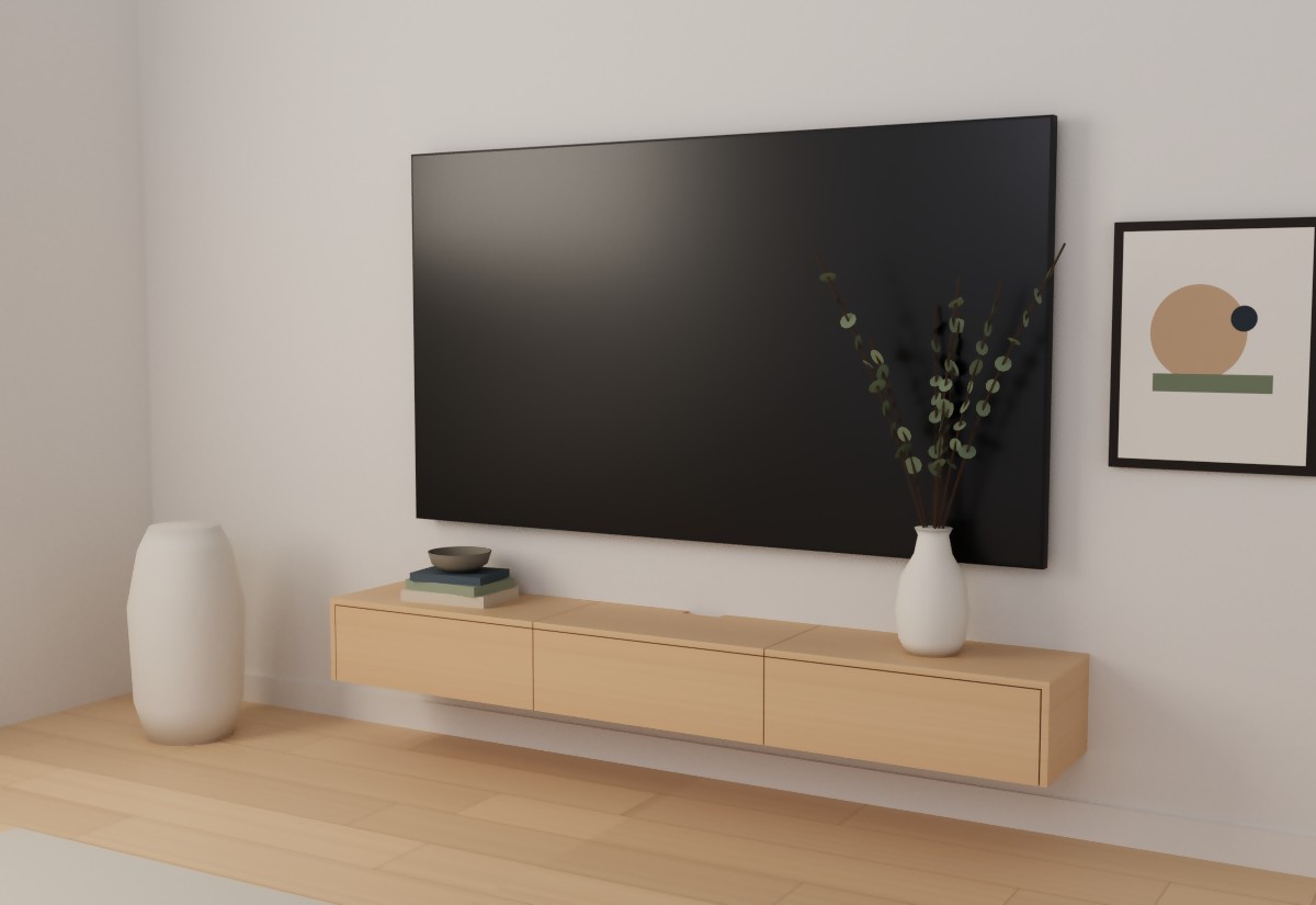 Floating TV console in Lotus M078 Pale Taupe light woodgrain under a 75-inch TV